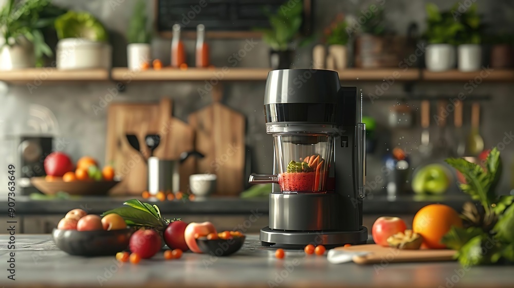 Modern Kitchen with a Juicer Blending Fresh Fruits - Realistic 3D Illustration Modern Kitchen with a Juicer Blending Fresh Fruits - Realistic 3D Illustration