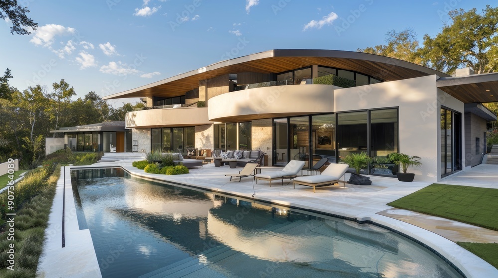 Fototapeta premium A modern home with a curved roofline, extensive use of natural wood, and a spacious backyard with a minimalist pool and lounge area.