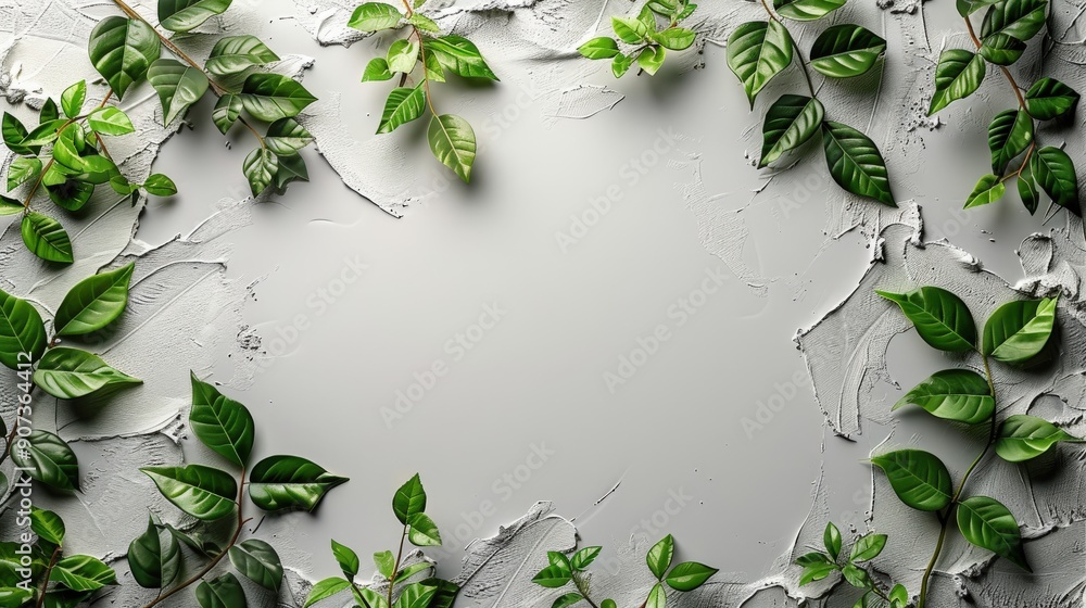 Naklejka premium A high-resolution card mockup showcasing a blank postcard on a white table. The design includes a paper texture and green leaves, perfect for presenting birthday or wedding greeting cards in a