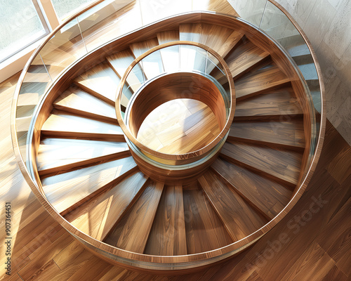 Wallpaper Mural Spiral wooden staircase with glass balustrades, rich bamboo wood Torontodigital.ca