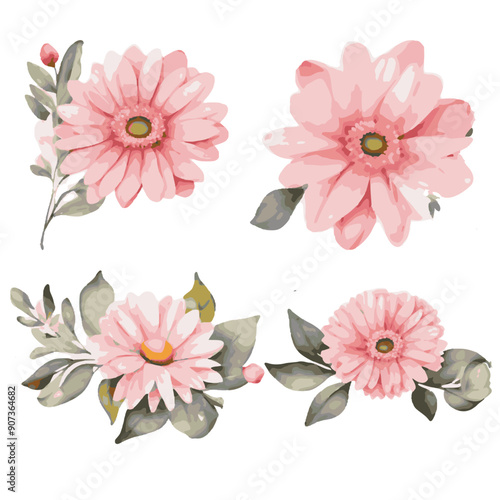Set of watercolor flowers.  illustration. Isolated on white background.