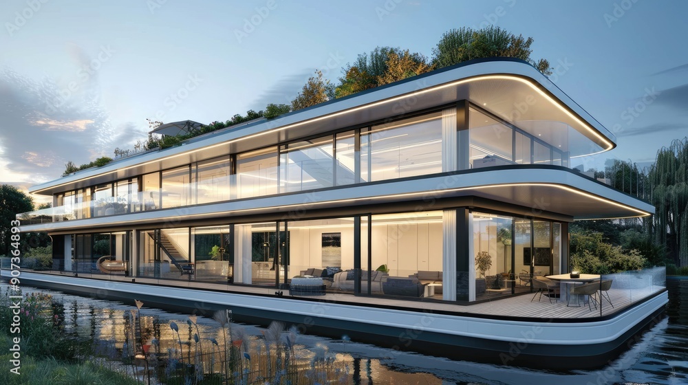 A modern houseboat with sleek lines, large glass walls, and a rooftop terrace with a garden and seating area. A modern houseboat with sleek lines, large glass walls, and a rooftop terrace with a garden and seating area.