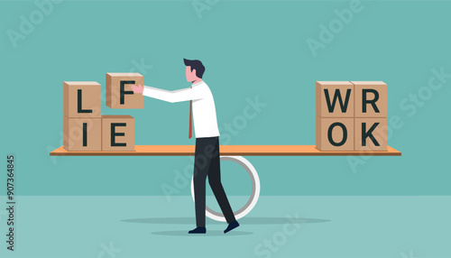 Life and work balance on scale symbolize harmony between life and work concept