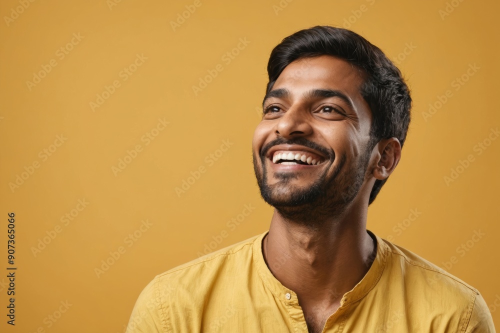 Obraz premium Happy joyful smiling young indian man looking aside up standing isolated on yellow background. Portrait