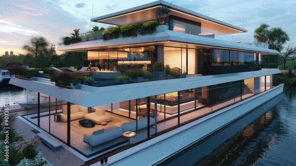 Fototapeta premium A modern houseboat with sleek lines, large glass walls, and a rooftop terrace with a garden and seating area.