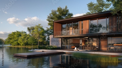 A modern lakeside retreat with a wooden facade, large windows, and a dock extending into the tranquil water.