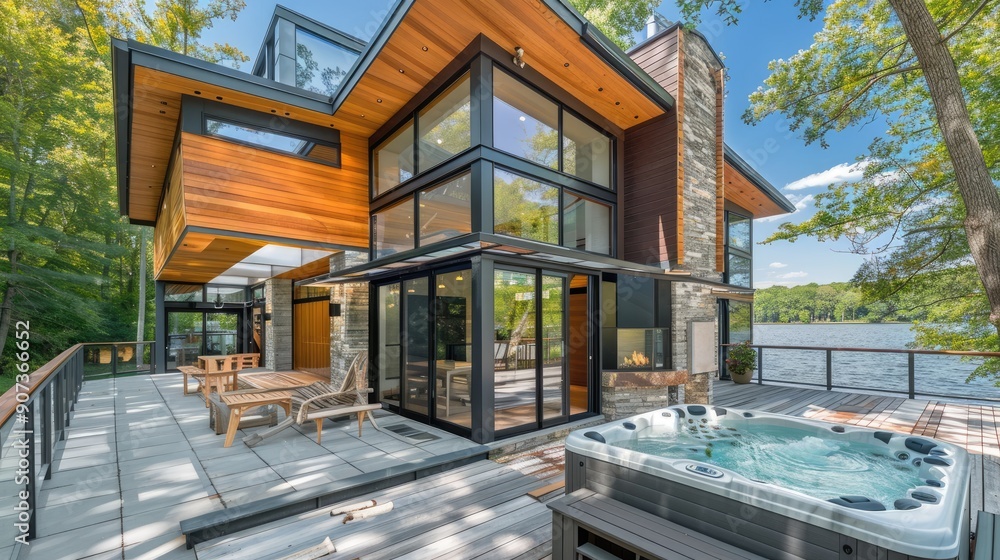 Fototapeta premium A modern lakeside retreat with a combination of wood and glass, large windows offering lake views, and a deck with a built-in hot tub.