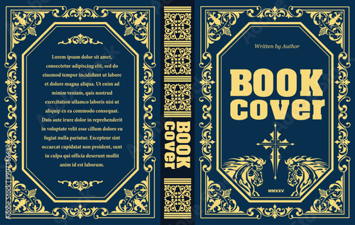 Elegant antique book cover design featuring intricate gold foil design elements on a navy blue background