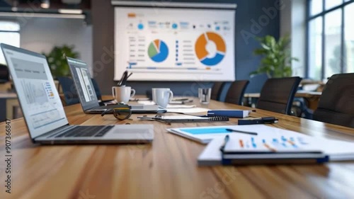 Wallpaper Mural office desk with laptop in meeting room with digital analytics bar on whiteboard Torontodigital.ca