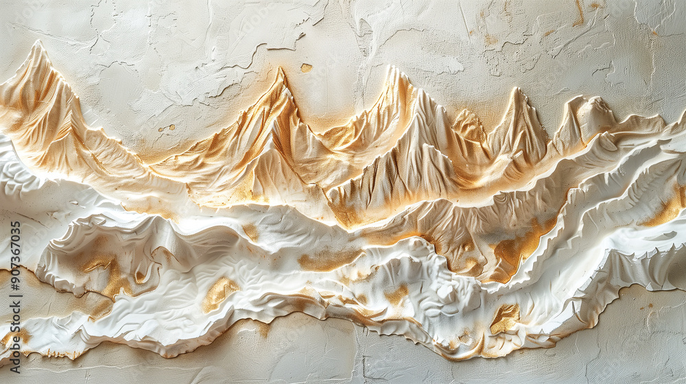 Canyon landscapes on a concrete wall, golden and white, volumetric stucco molding and bas-relief techniques Canyon landscapes on a concrete wall, golden and white, volumetric stucco molding and bas-relief techniques