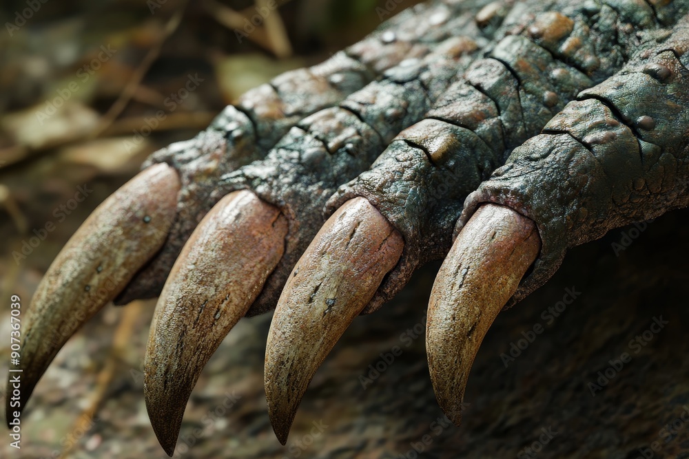 Obraz premium Detailed view of a Velociraptor's claw, emphasizing its sharpness and potential for hunting. High-resolution, detailed textures, crisp focus