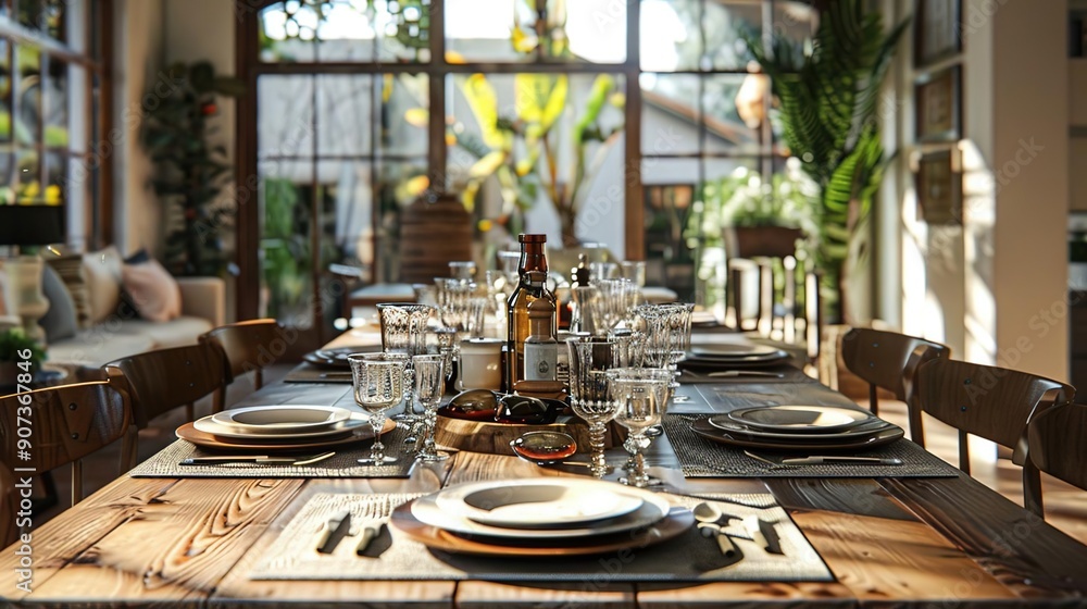 Fototapeta premium Rustic Farmhouse Dining Table Setting with Sunbeams Through Window - 3D Render