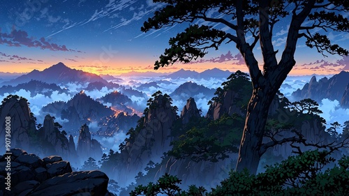 huangshan yellow mountain china natural wonders around the world sunset view anime theme