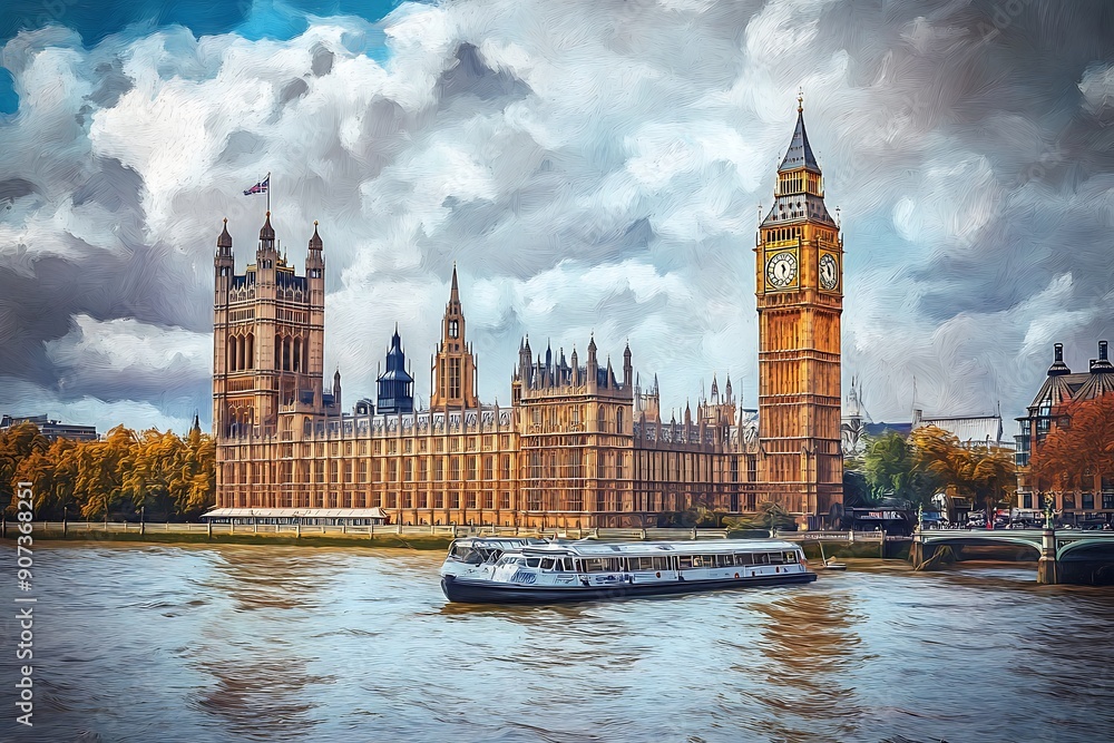 Obraz premium The Westminster Palace and the Big Ben clocktower by the Thames river in London, United Kingdom, just after sunset