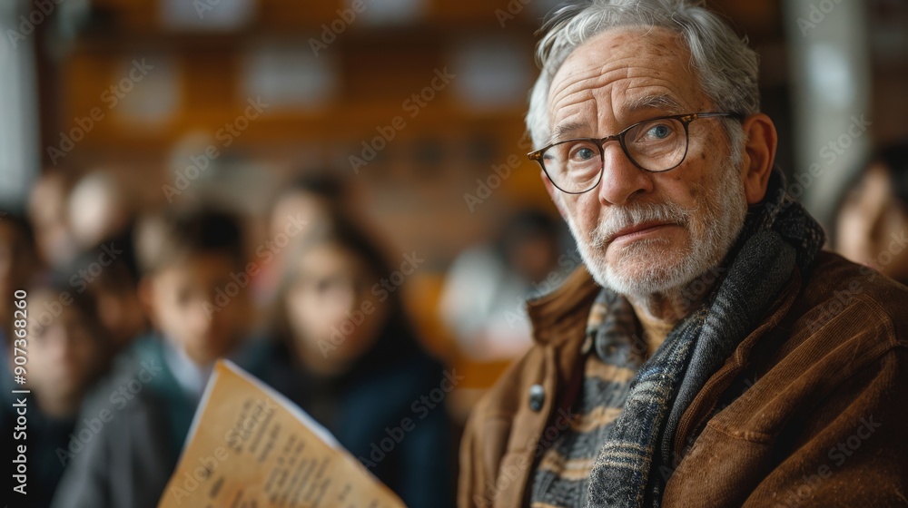 A frustrated elderly professor with gray hair and eyeglasses, frowning and gripping a stack of papers, standing in front of a classroom with students looking concerned A frustrated elderly professor with gray hair and eyeglasses, frowning and gripping a stack of papers, standing in front of a classroom with students looking concerned