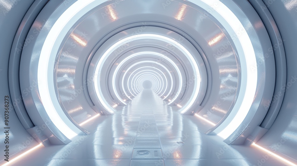 Obraz premium 3D room with a white background, featuring an abstract technology tunnel with glowing lines and illuminated stage floor, creating a sense of depth and modernity