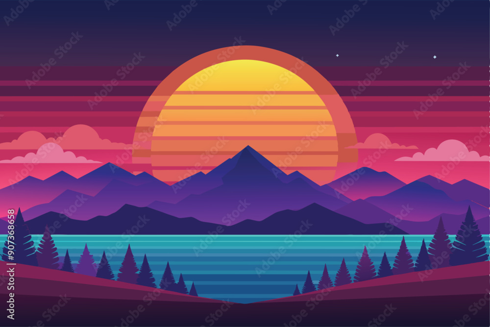 Sunset Over Mountains and a Lake with Silhouetted Trees Sunset Over Mountains and a Lake with Silhouetted Trees
