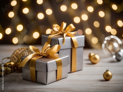 Luxury Christmas gift boxes wrapped in silver and gold metallic paper. Boxes are placed on a background of twinkling lights