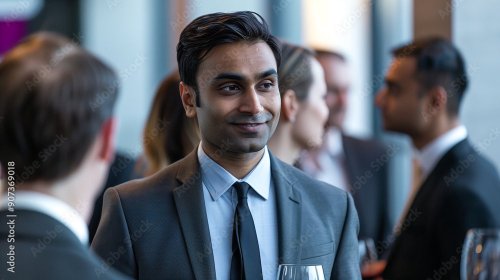 Indian man in a formal suit, attending a corporate event, confidently mingling with colleagues Indian man in a formal suit, attending a corporate event, confidently mingling with colleagues