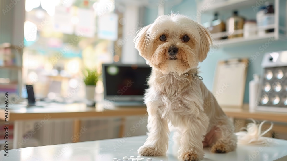 A small white dog is sitting on a table in front of a computer A small white dog is sitting on a table in front of a computer