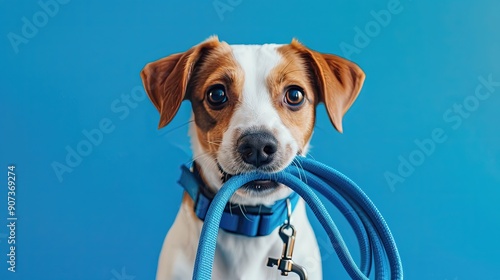 A dog is holding a blue leash in its mouth photo