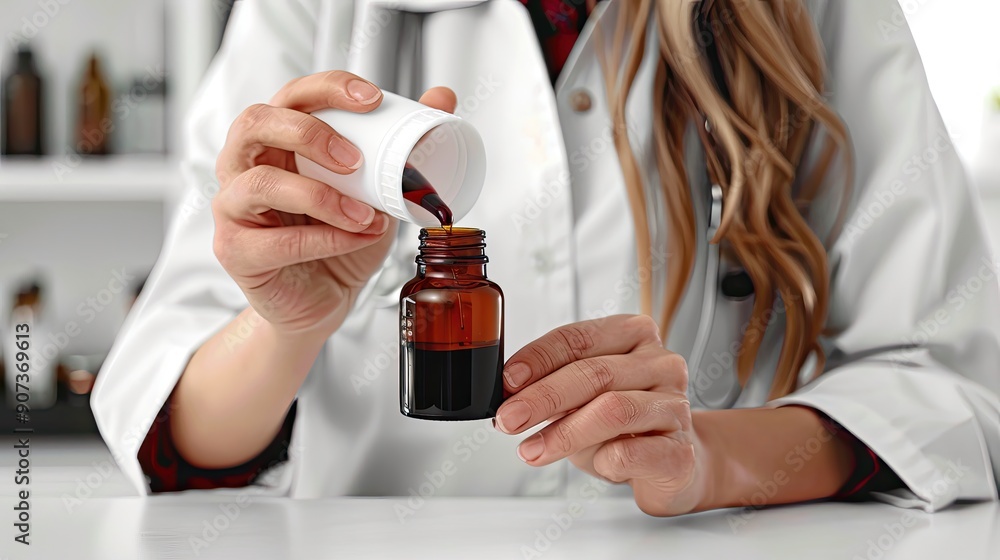 A woman in a white lab coat is pouring a brown liquid into a bottle A woman in a white lab coat is pouring a brown liquid into a bottle