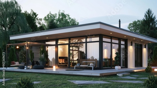 Wallpaper Mural A sleek, modern bungalow with a flat roof, expansive glass doors, and a cozy outdoor space with a pergola and hanging lights. Torontodigital.ca