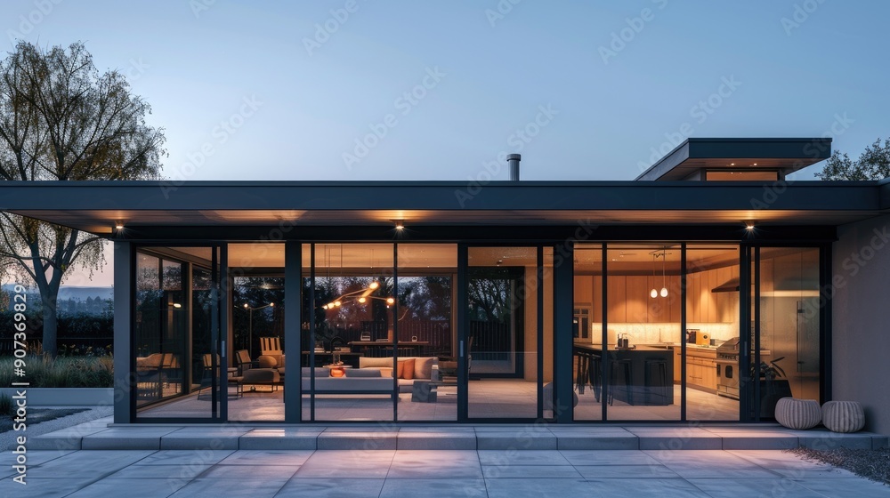A sleek, modern bungalow with a flat roof, expansive glass doors, and a cozy outdoor space with a pergola and hanging lights. A sleek, modern bungalow with a flat roof, expansive glass doors, and a cozy outdoor space with a pergola and hanging lights.
