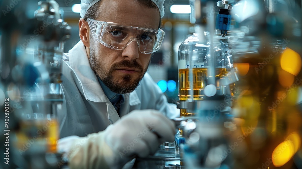 Cleanroom technician in a lab coat and gloves, working on high-precision scientific equipment, representing meticulous research and advanced technology Cleanroom technician in a lab coat and gloves, working on high-precision scientific equipment, representing meticulous research and advanced technology