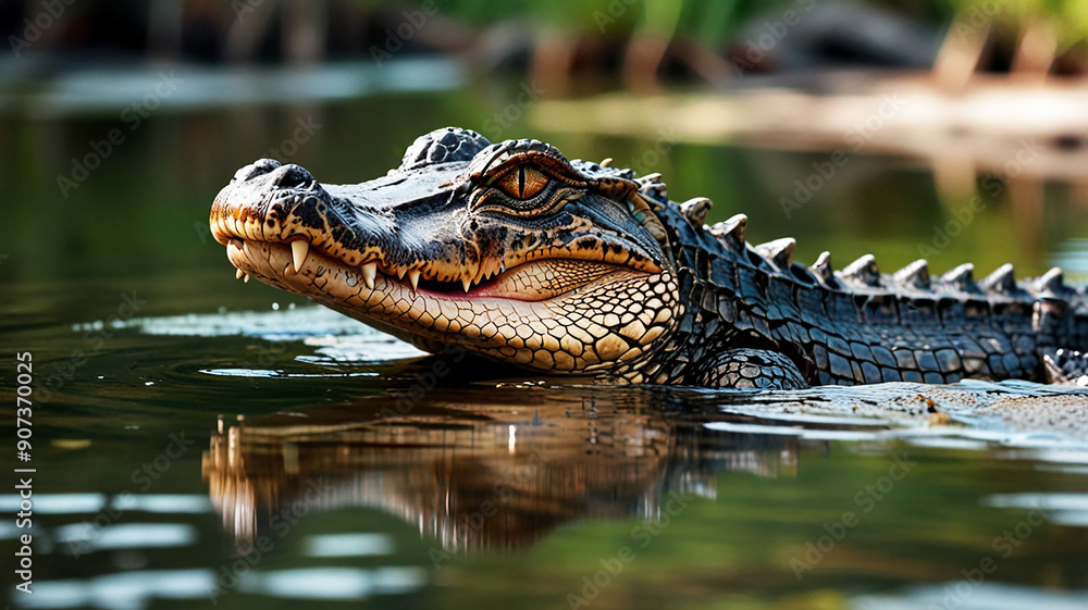 Fototapeta premium Close-up of an alligator swimming in a calm, reflective river, showcasing its textured scales and sharp teeth. The background is blurred, highlighting the lush, green riverbank vegetation.