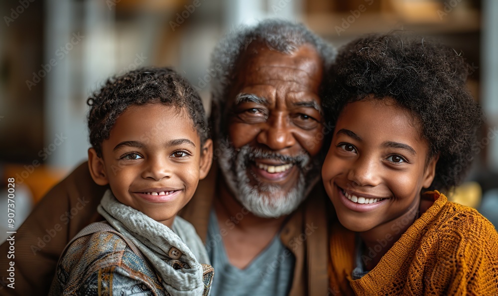 A multi-generational family is smiling at the camera together in the living room, having fun and strengthening family bonds across generations. A multi-generational family is smiling at the camera together in the living room, having fun and strengthening family bonds across generations.