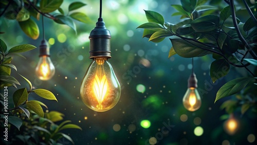 vintage light bulb hanging among green leaves