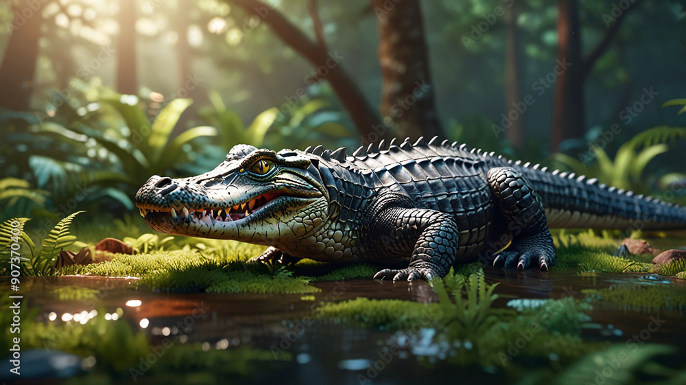 Obraz premium Close-up of an alligator swimming in a calm, reflective river, showcasing its textured scales and sharp teeth. The background is blurred, highlighting the lush, green riverbank vegetation.
