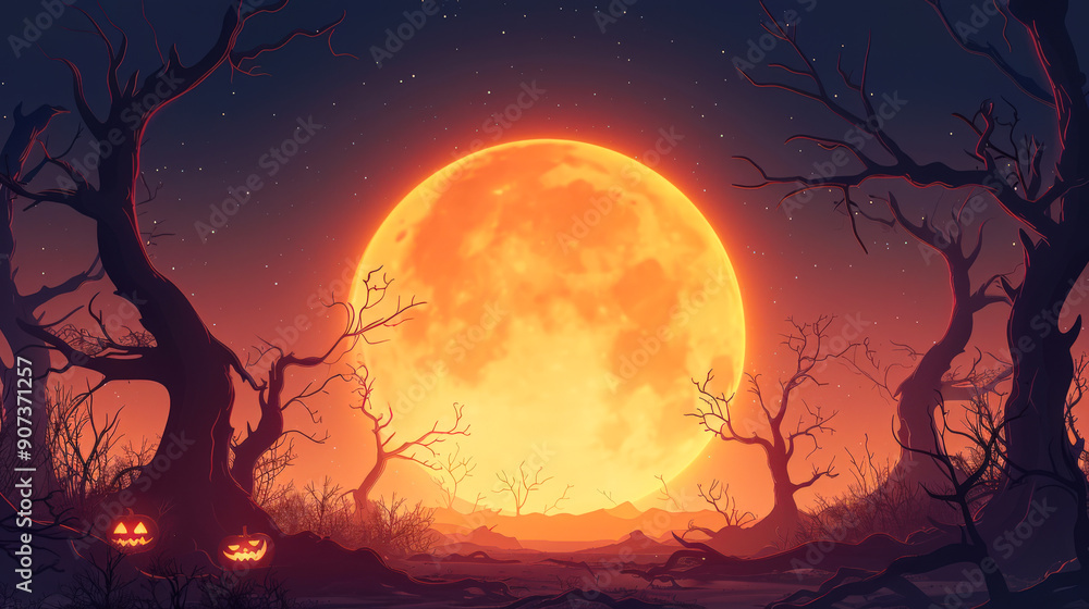 A calm peaceful Halloween background. A large full moon shines in the sky above the forest, where old trees grow and two pumpkins lie on the ground. A poster with a copy space A calm peaceful Halloween background. A large full moon shines in the sky above the forest, where old trees grow and two pumpkins lie on the ground. A poster with a copy space
