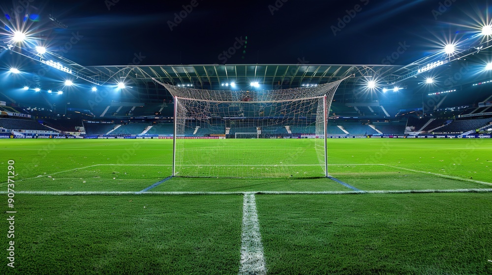 Fototapeta premium Football Stadium at Night: View from the Goal Post
