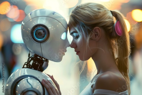 A human showing affection towards a robot, A futuristic scene showing a woman and a robot engaged in a romantic kiss, challenging societal norms, AI generated