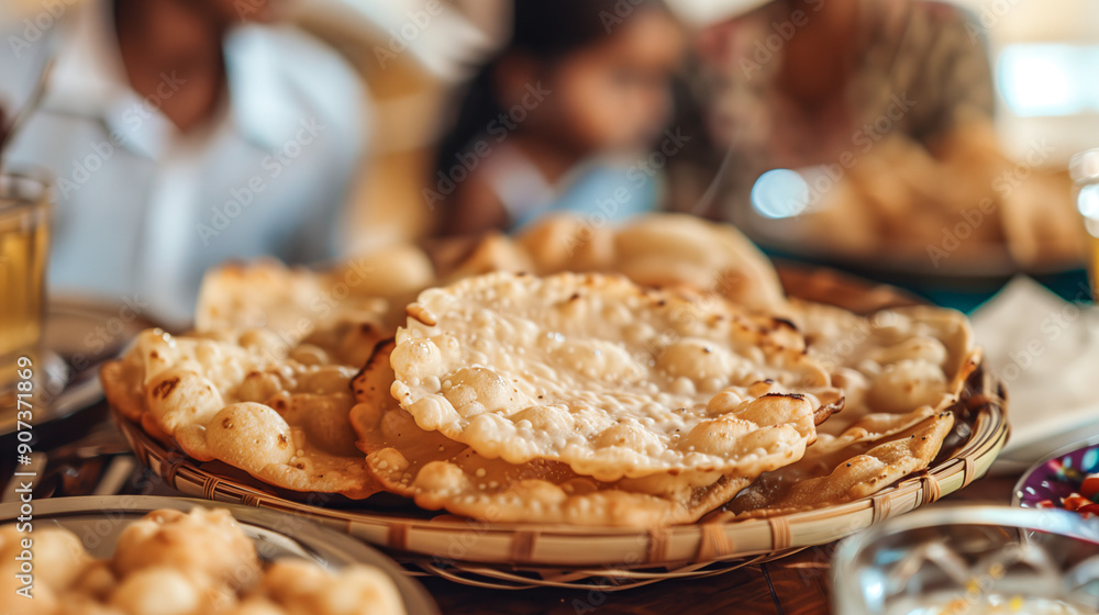 plate full of puri, indian family eating in blurred background plate full of puri, indian family eating in blurred background
