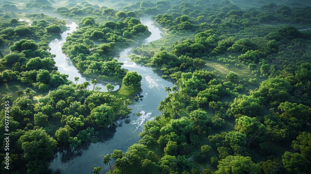 Aerial View of Lush Green River Bending Through Tropical Forest During Early Morning Hours. Generative AI Aerial View of Lush Green River Bending Through Tropical Forest During Early Morning Hours. Generative AI