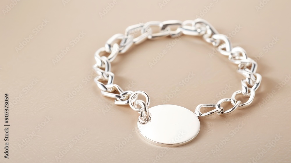 Detailed image of a polished silver charm bracelet, isolated against a neutral background, ideal for showcasing jewelry with space for copy text Detailed image of a polished silver charm bracelet, isolated against a neutral background, ideal for showcasing jewelry with space for copy text