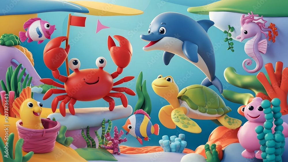 Obraz premium set of Sea animals 3d render illustration. cute Crab, Dolphin, Turtle, Seahorse and Fish line art for coloring book. Cartoon sea animal illustration.