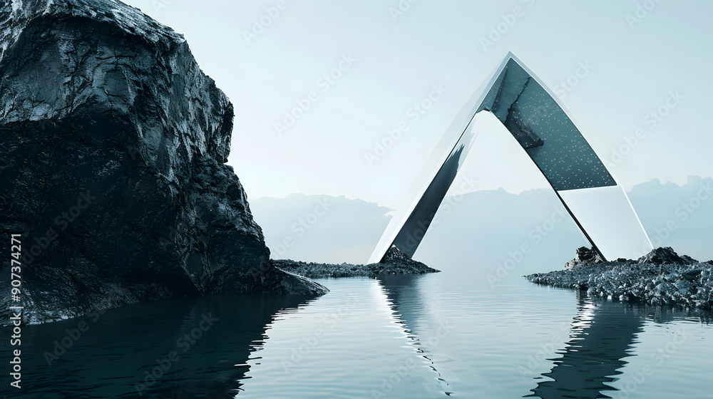Fototapeta premium A sleek, metallic triangular structure set in calm waters, surrounded by rugged rocks and a soft, cloudy sky.
