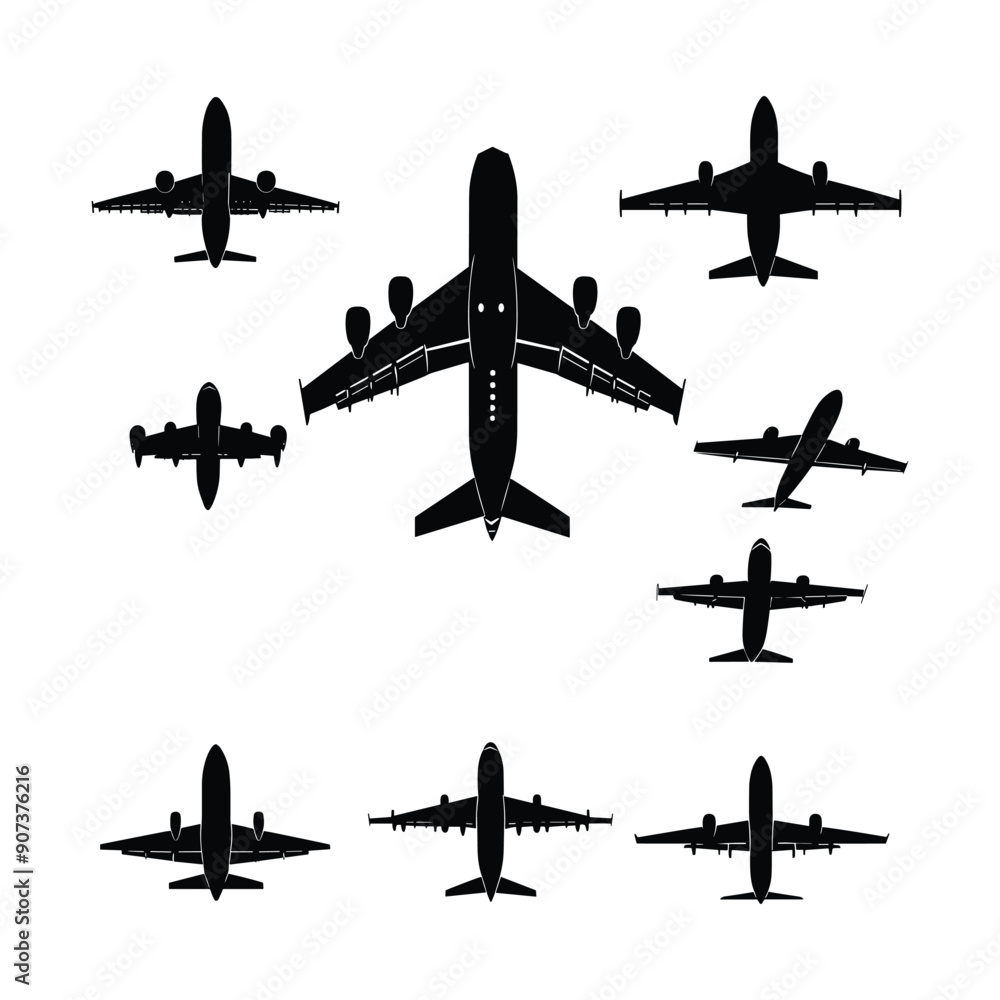 Set of 8 black silhouette airplane icons isolated on white background. Design element for travel, transportation, aviation, and flight concepts. Set of 8 black silhouette airplane icons isolated on white background. Design element for travel, transportation, aviation, and flight concepts.