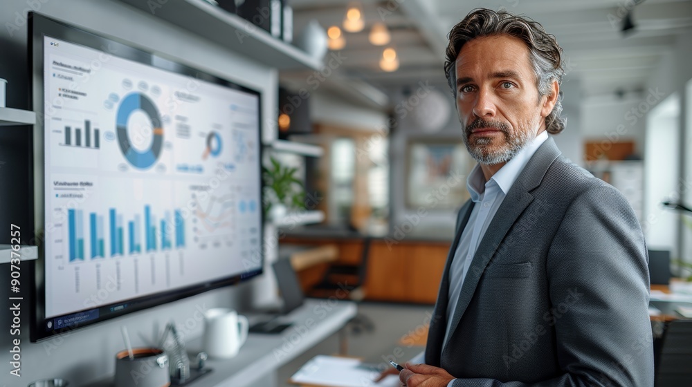 Professional Man Analyzing Data on Large Screen in Modern Office Setting During Daytime. Generative AI Professional Man Analyzing Data on Large Screen in Modern Office Setting During Daytime. Generative AI