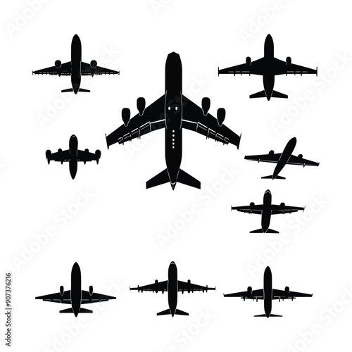 Set of 8 black silhouette airplane icons isolated on white background. Design element for travel, transportation, aviation, and flight concepts. 