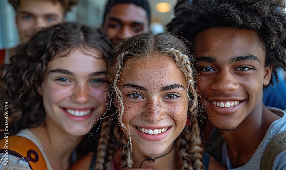 Multiracial friends are taking a selfie outdoors on a city street, smiling at the camera while having fun, reflecting the lively college campus life and youthful community. Multiracial friends are taking a selfie outdoors on a city street, smiling at the camera while having fun, reflecting the lively college campus life and youthful community.