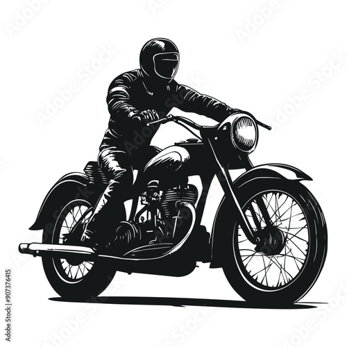 Black and white illustration of a motorcyclist riding a vintage motorcycle.