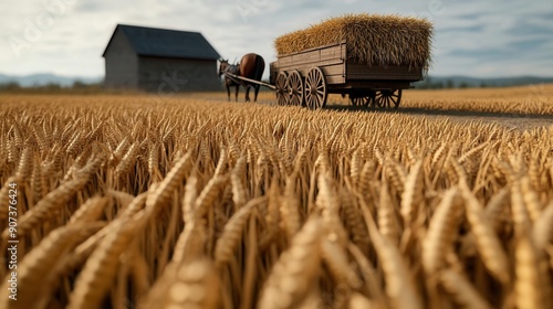 A peaceful scene of a horse-drawn wagon carrying harvested crops photo