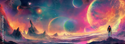 A lonely figure standing on an alien landscape, gazing at a vibrant and surreal cosmic scene with colorful planet and swirling galaxy, 2d digital painting illustration.
 photo