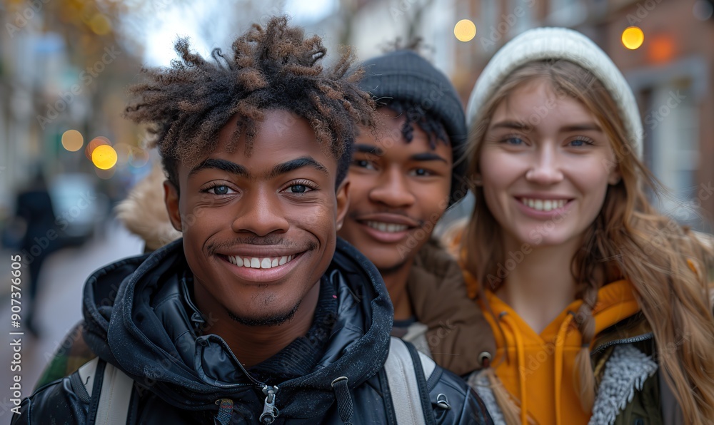 Multiracial friends are taking a selfie outdoors on a city street, smiling at the camera while having fun, reflecting the lively college campus life and youthful community. Multiracial friends are taking a selfie outdoors on a city street, smiling at the camera while having fun, reflecting the lively college campus life and youthful community.