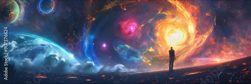 A lonely figure standing on an alien landscape, gazing at a vibrant and surreal cosmic scene with colorful planet and swirling galaxy, 2d digital painting illustration.
 photo